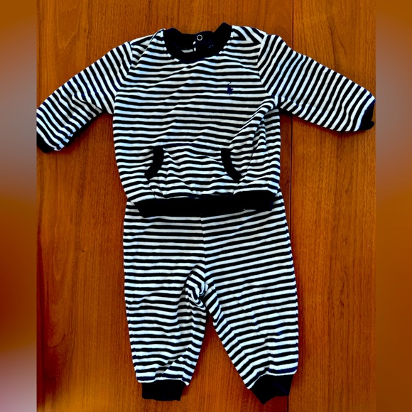 Ralph Lauren Navy and White Striped Velour Baby Jumpsuit - Picture 1 of 4
